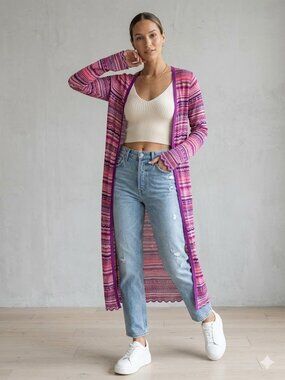 Chico’s Multicolor Knit Duster Cardigan Pink Purple Longline Size 2 (L/12)